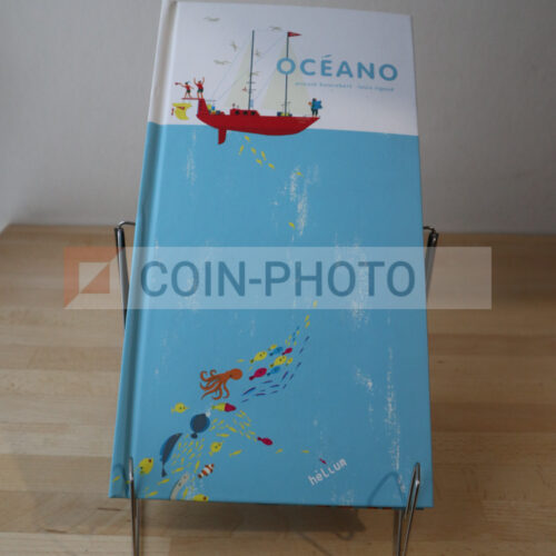 Page ouverte du livre pop-up Océano montrant un bateau en surface et les poissons sous l'eau en papier découpé